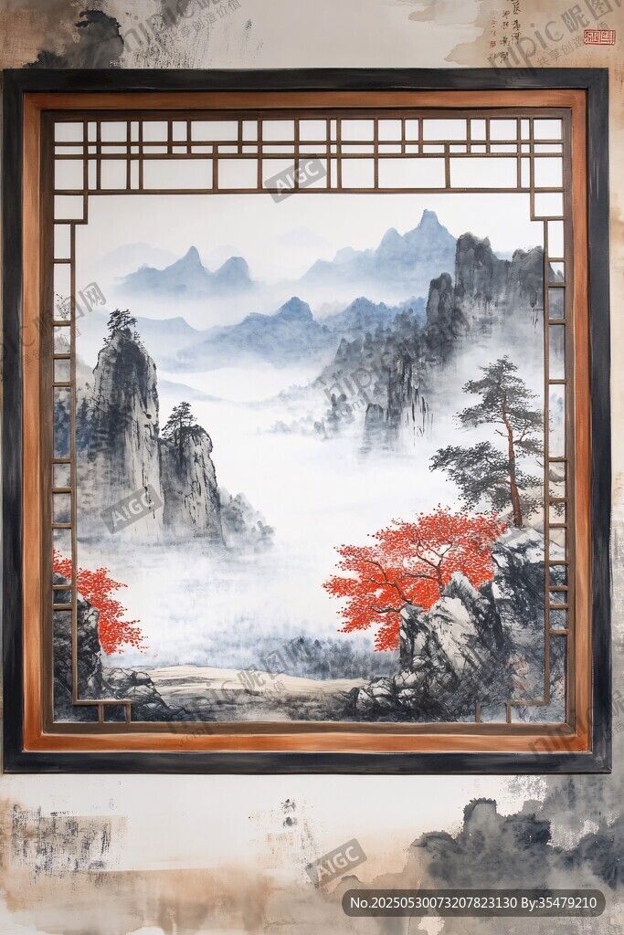中式山水窗景图