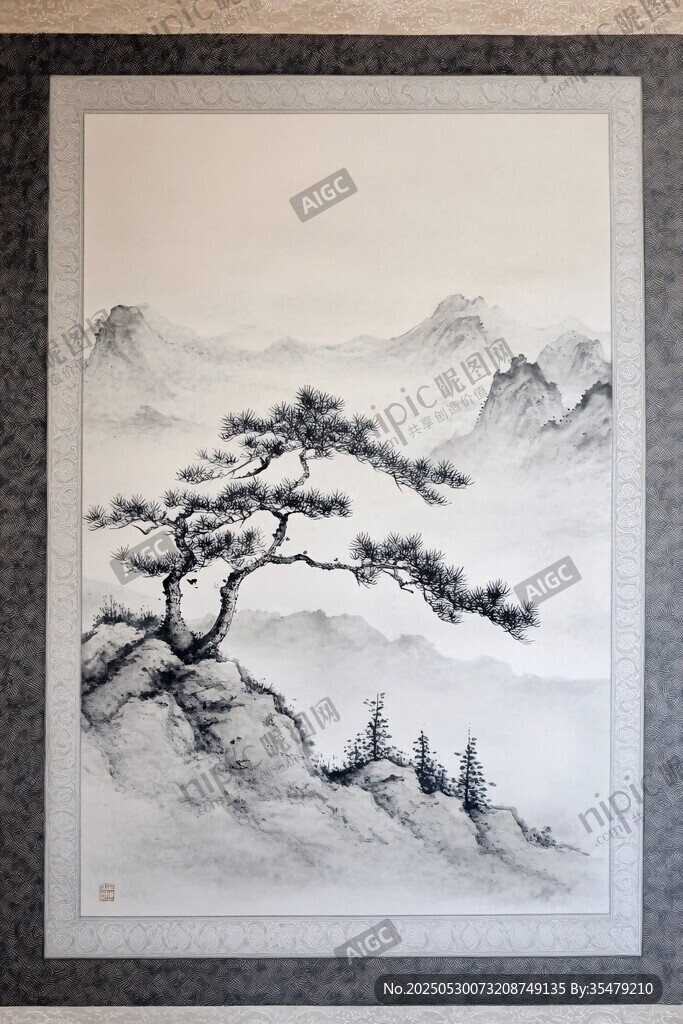 水墨孤松立 山川云雾间