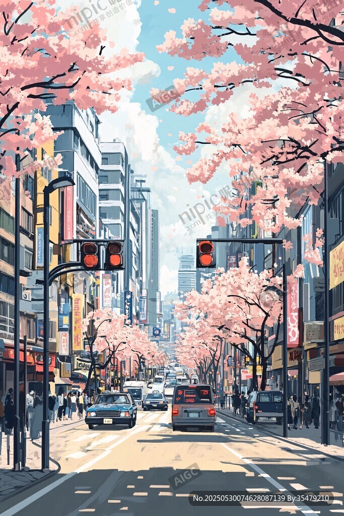 樱花盛开的繁华都市街道