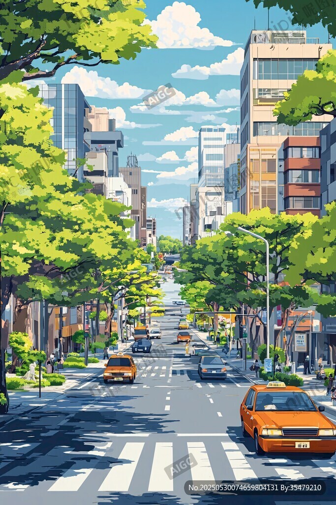 城市绿荫街道的清新景象