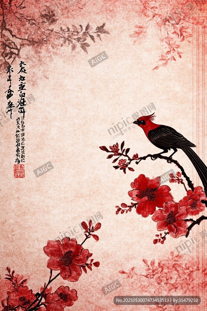 中式花鸟图 枝头灵鸟映繁花