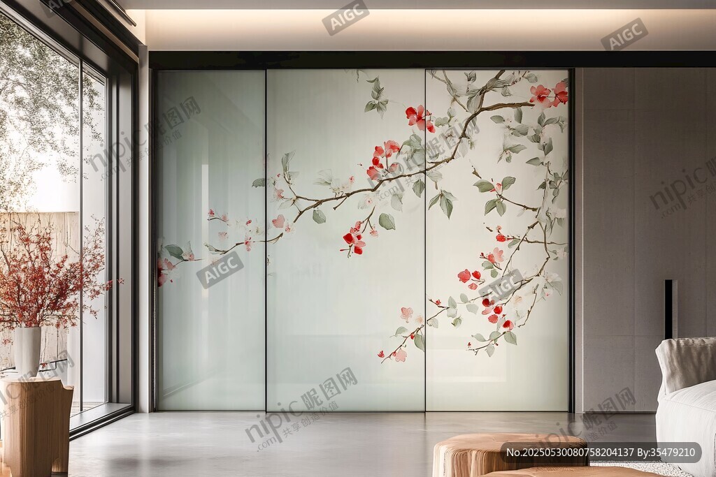 中式花鸟玻璃隔断客厅一角