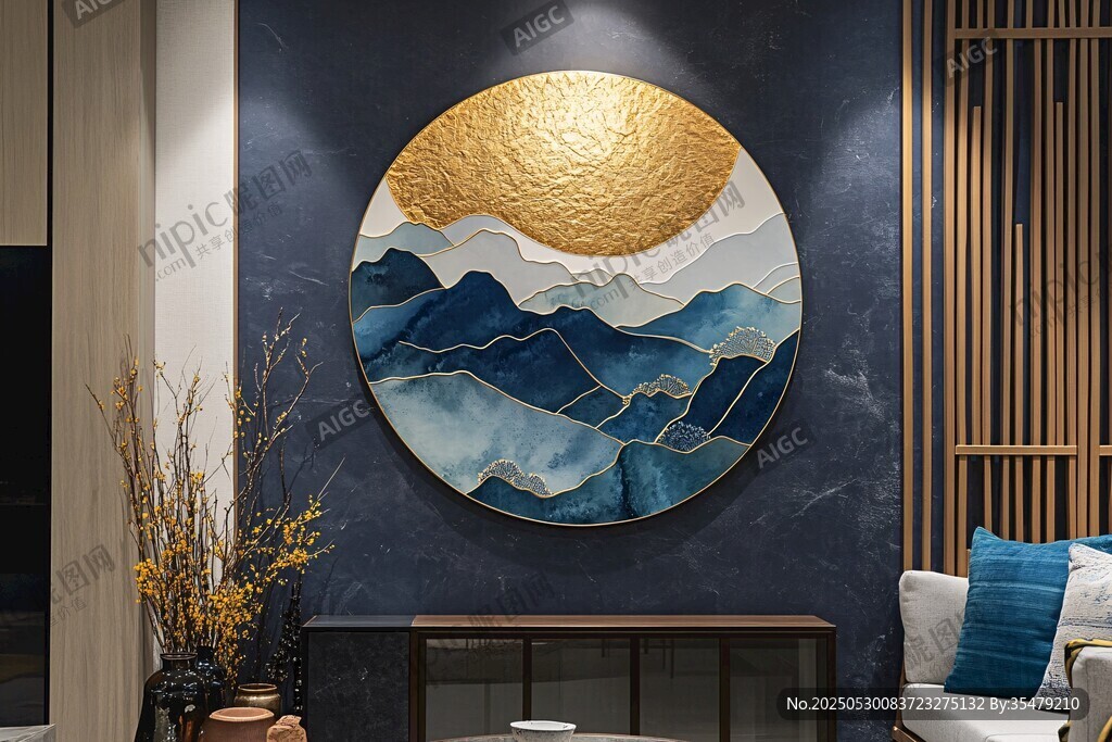 中式客厅圆形山水装饰画