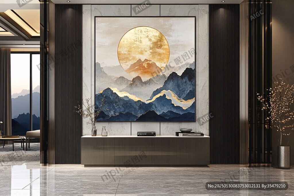 中式客厅中的山水圆月挂画