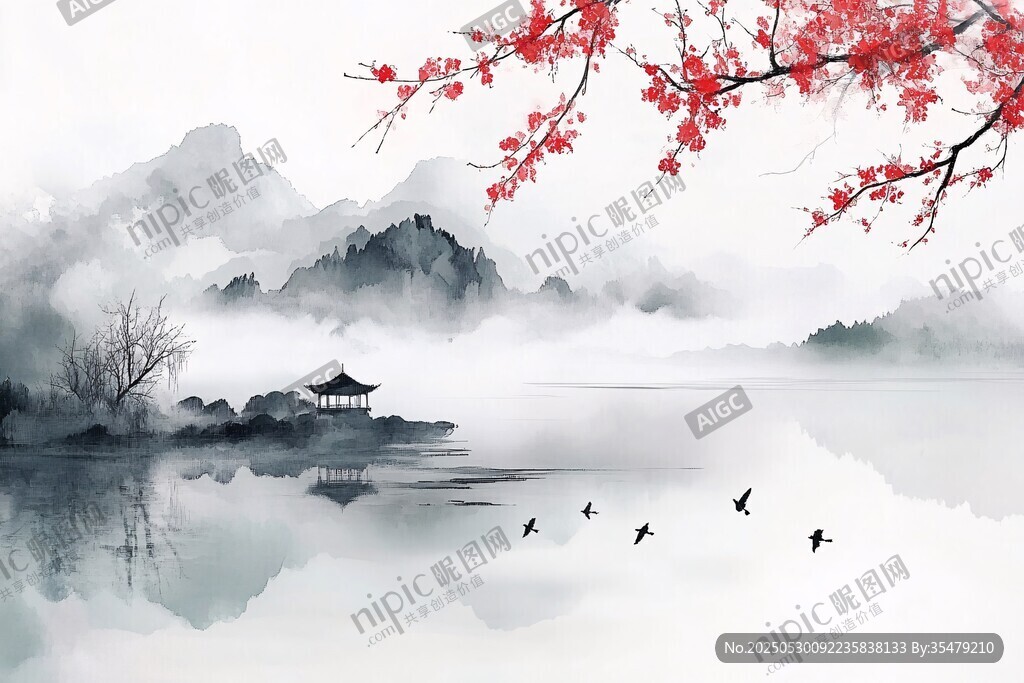 水墨山水间红梅飞鸟图景