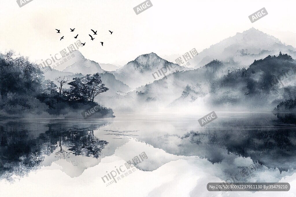 水墨山水间飞鸟映湖景