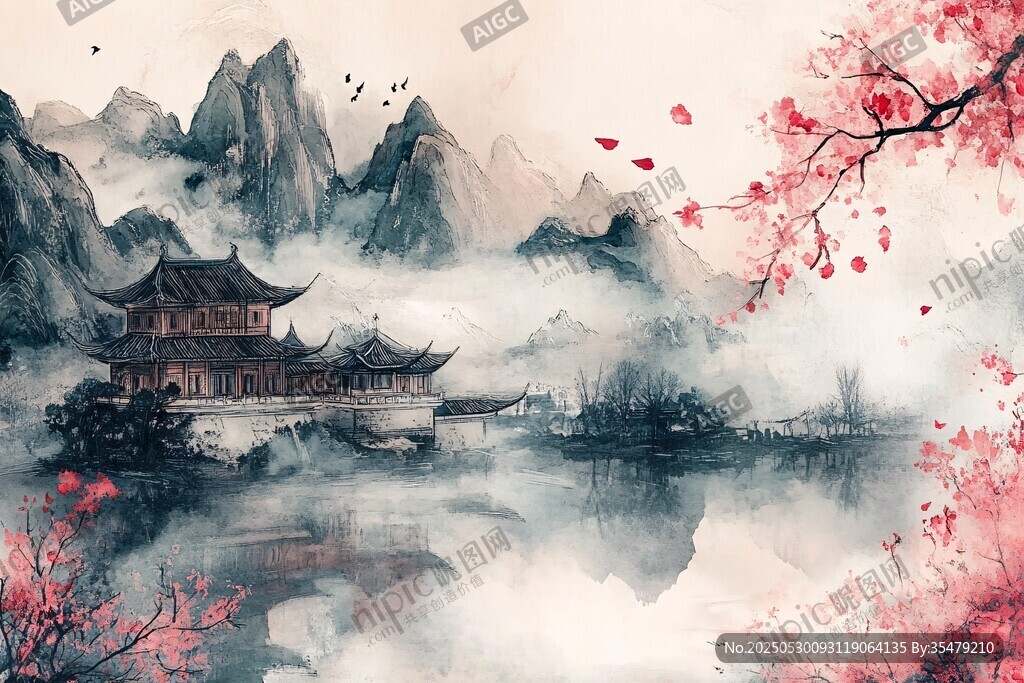 水墨山水间的古韵楼阁