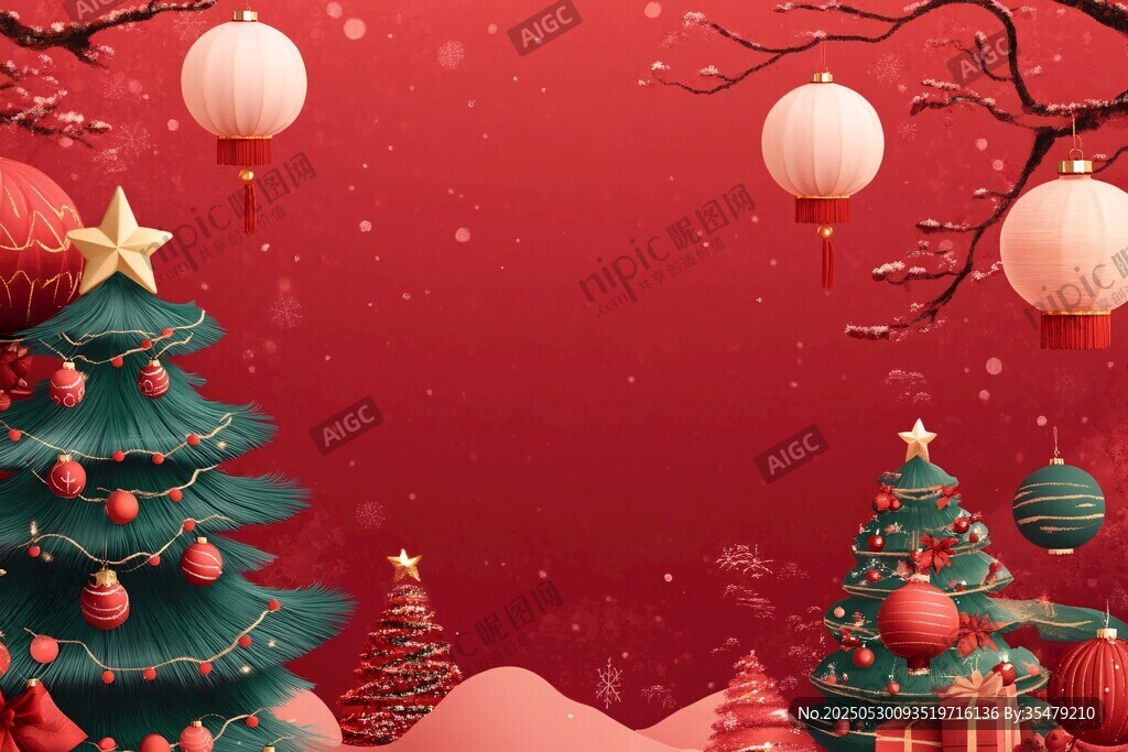 红底圣诞与中式灯笼场景