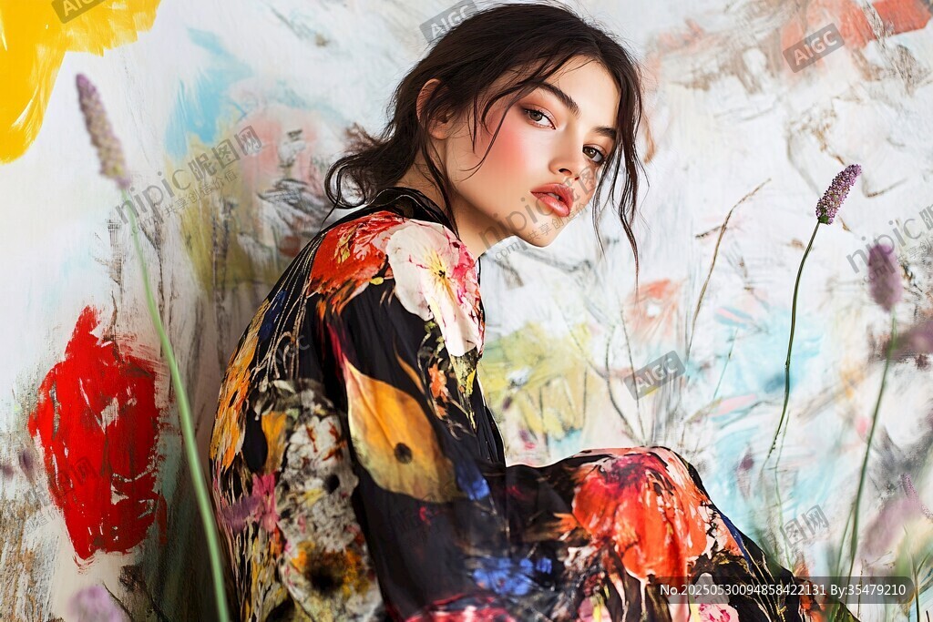 彩绘背景下的时尚花卉女郎