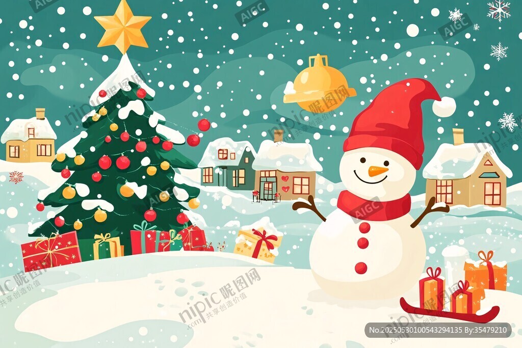 冬日雪景中的欢乐圣诞元素