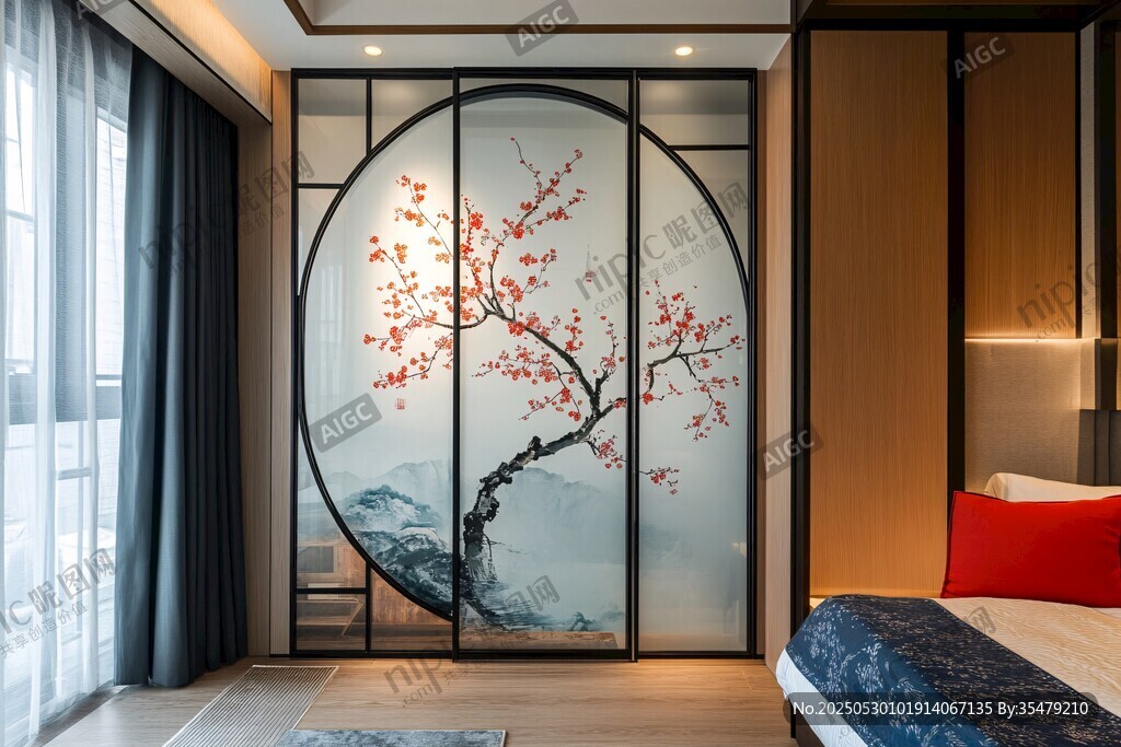 中式卧室的雅致圆形屏风