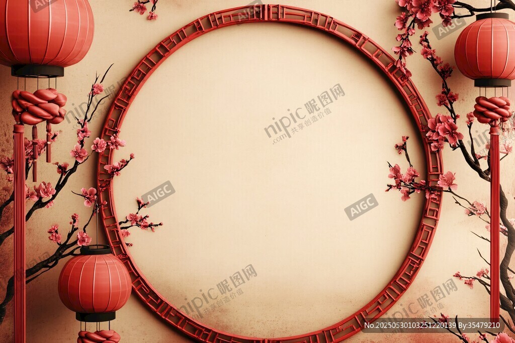 中式圆形边框与红灯笼元素