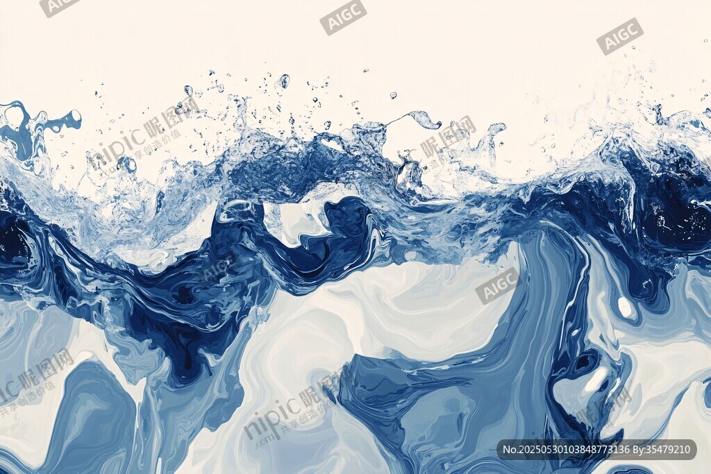 蓝色水墨风动感水浪画面