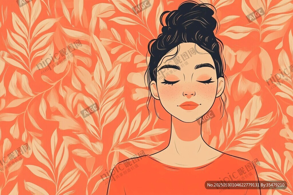 闭眼女子置身叶间插画