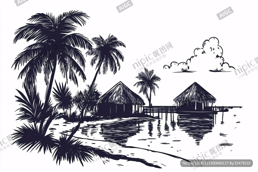 海边茅草屋与棕榈树风景
