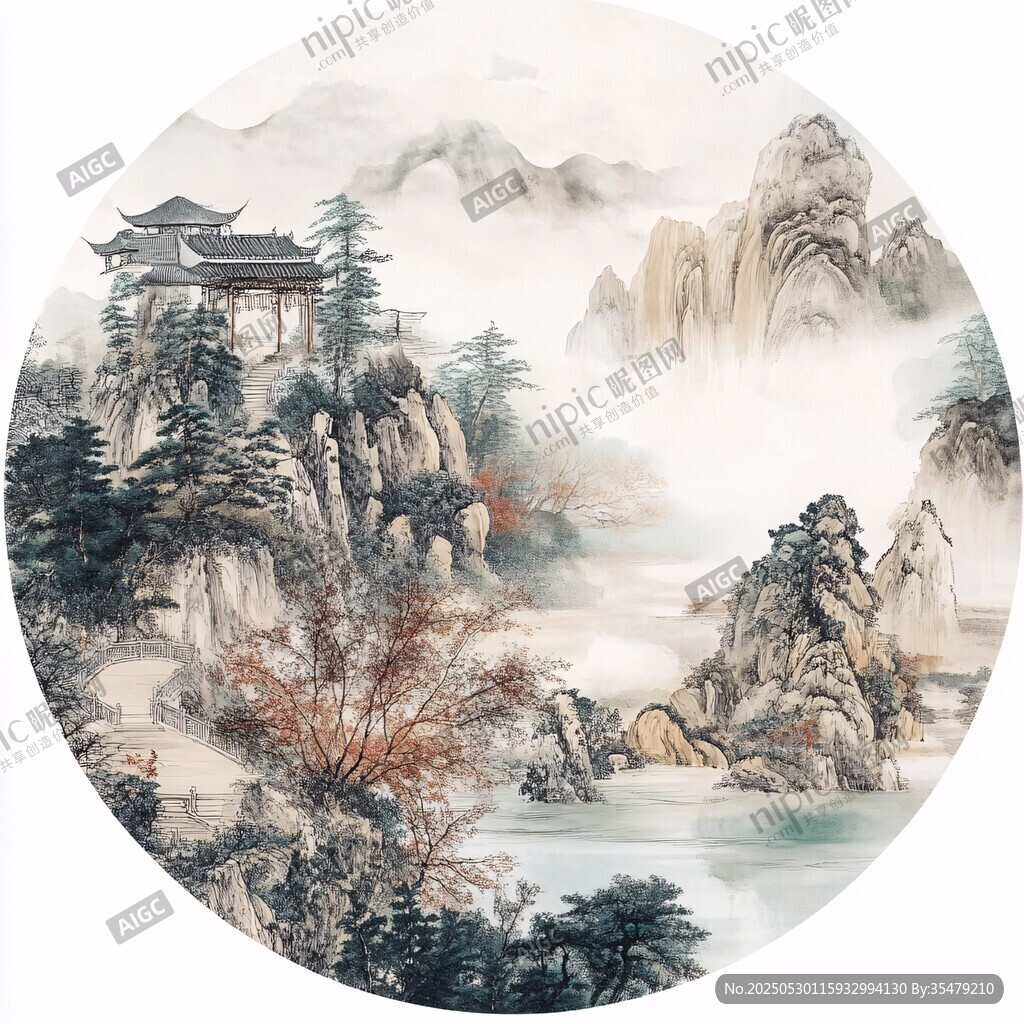 水墨山水圆景图