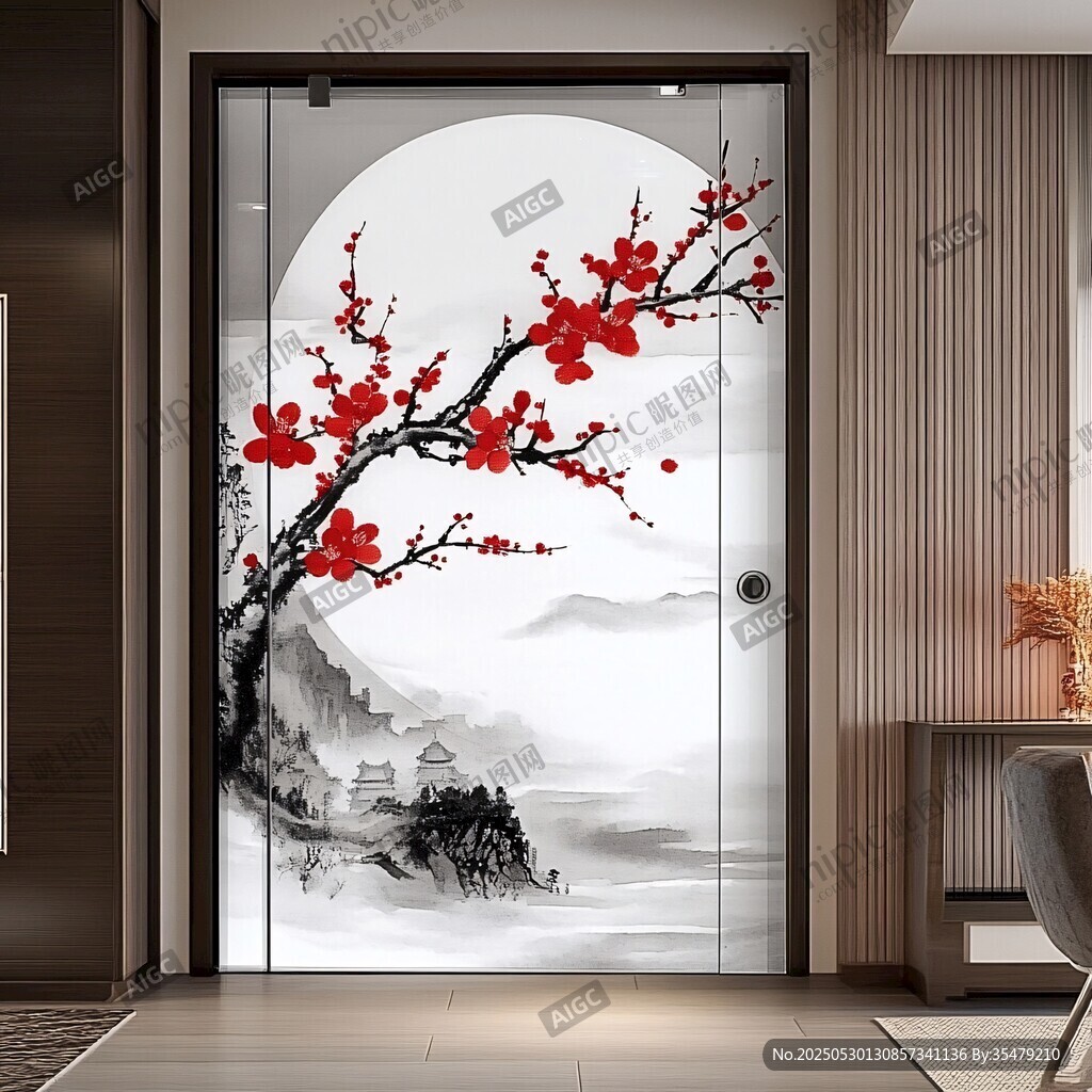 中式梅花山水入户门装饰画