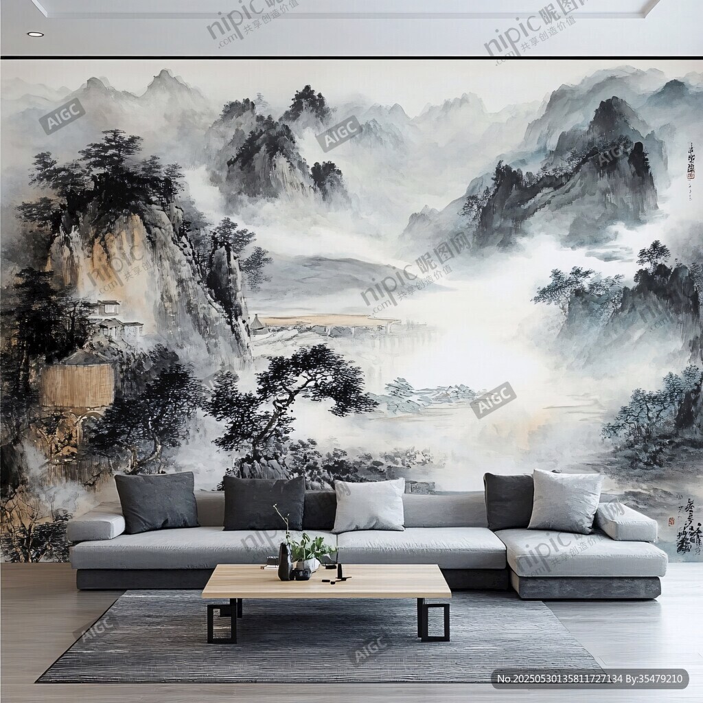中式山水风客厅装饰壁画