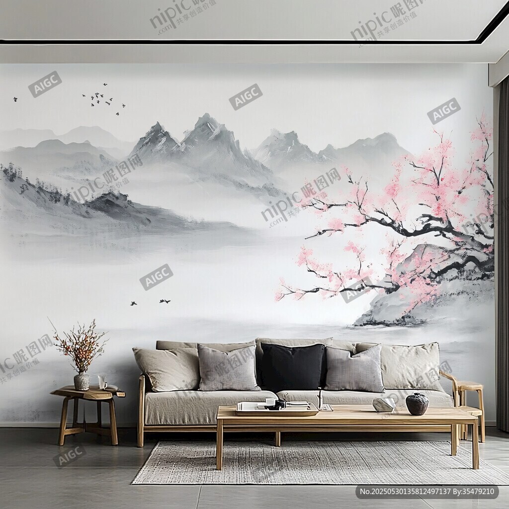 中式山水风客厅沙发背景墙