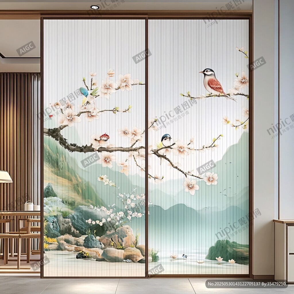 中式花鸟山水移门装饰画