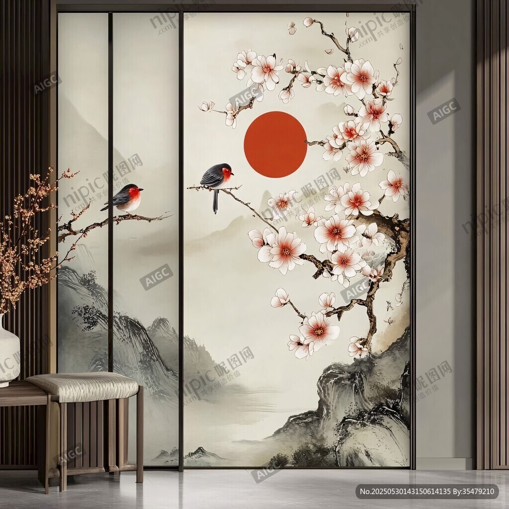 中式花鸟山水屏风装饰画