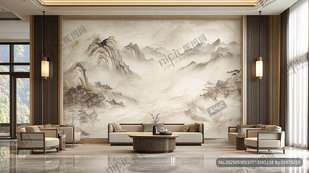 中式客厅山水壁画装饰风