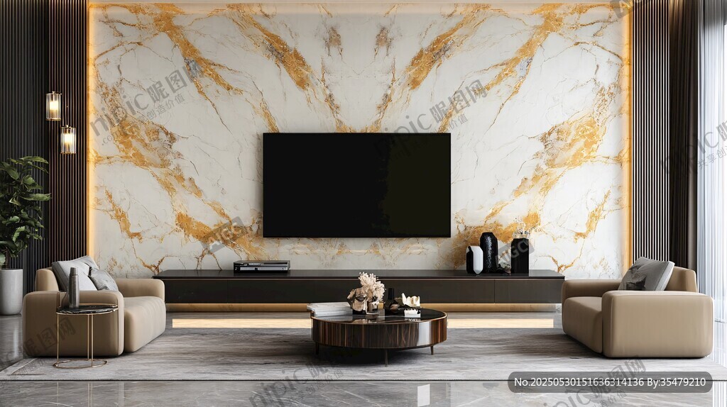 现代轻奢风客厅大理石背景墙