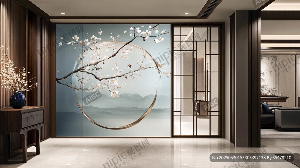 中式玄关 诗意花鸟山水图景