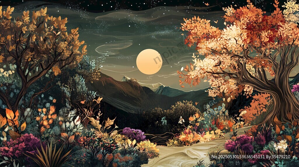月夜下的梦幻森林秋景