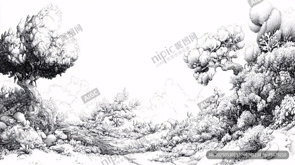 黑白手绘山林风景图