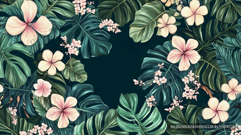 热带花卉绿叶背景图案
