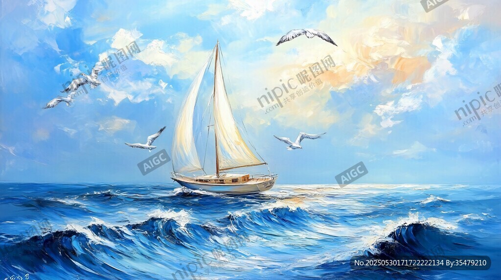 海上帆船伴飞鸟的美景