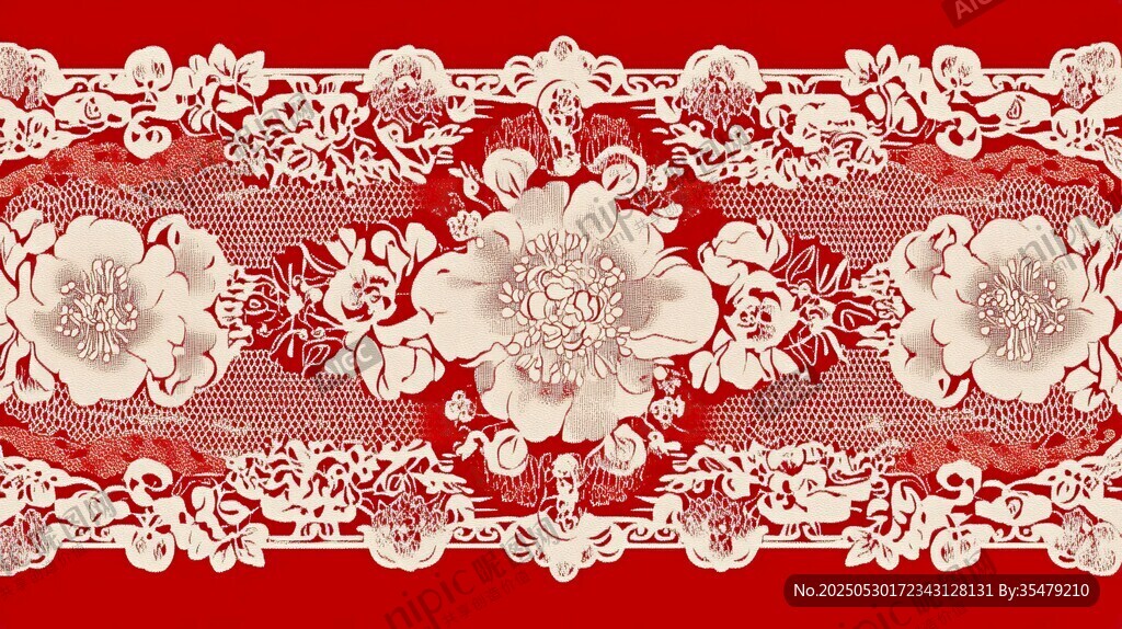 中式红色花卉蕾丝花纹图案