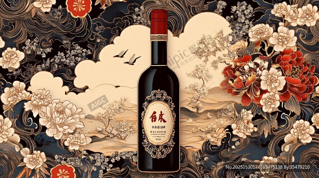 中式典雅风葡萄酒插画