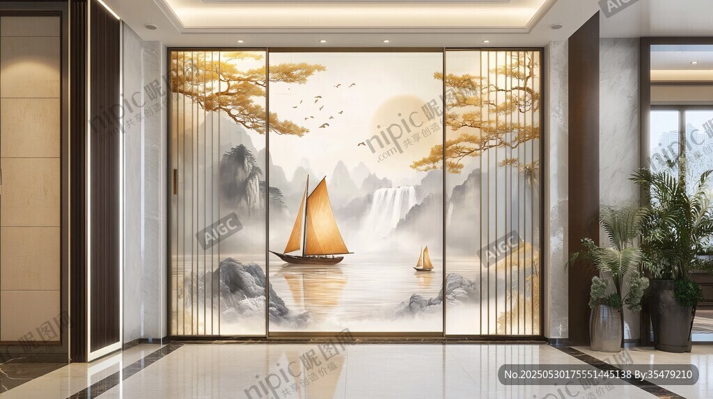 中式山水帆船玄关装饰画