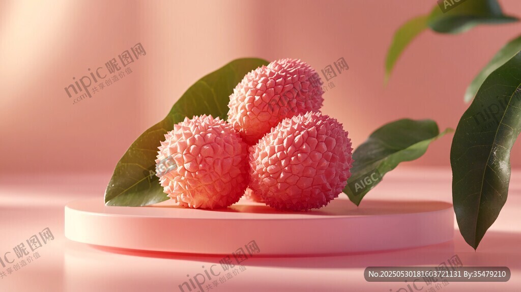 三颗鲜荔枝配翠绿叶片