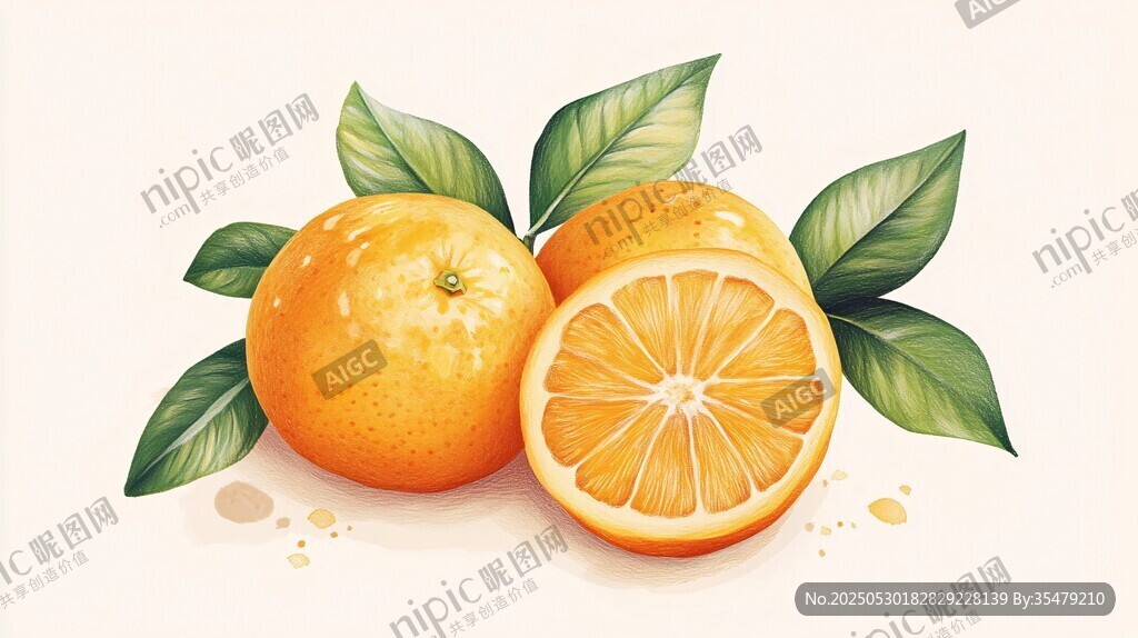 新鲜橙子与绿叶插画