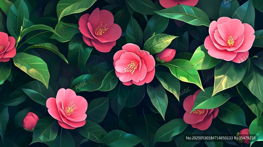 娇艳山茶花 绿叶相映衬