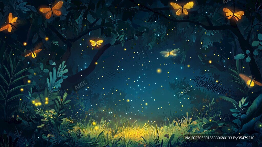 梦幻夏夜森林中的萤蝶飞舞