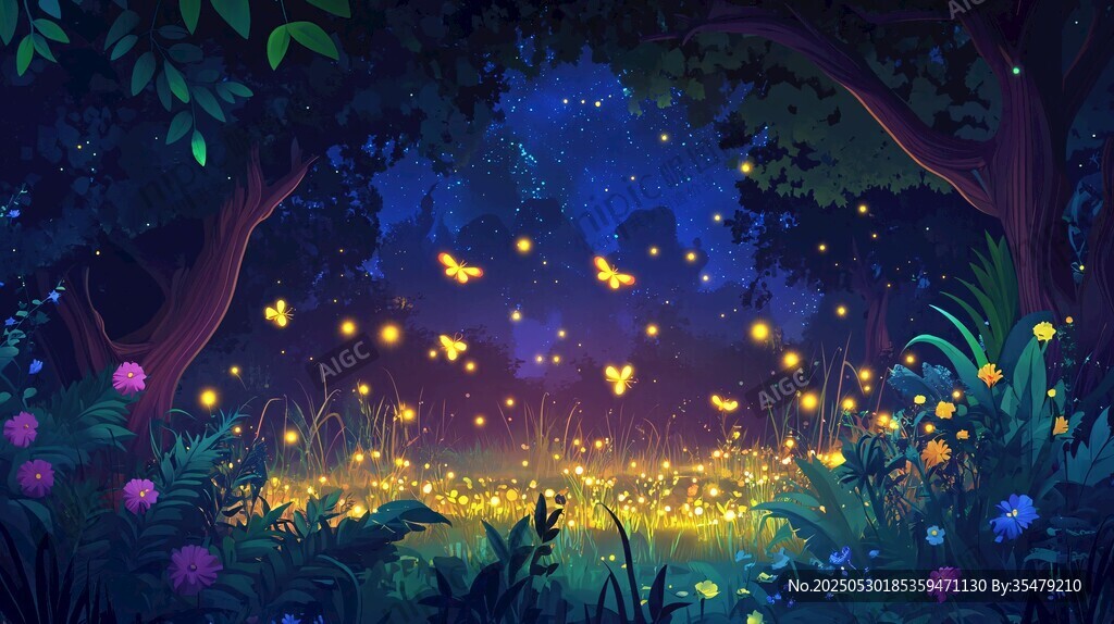 梦幻夏夜萤火森林图景