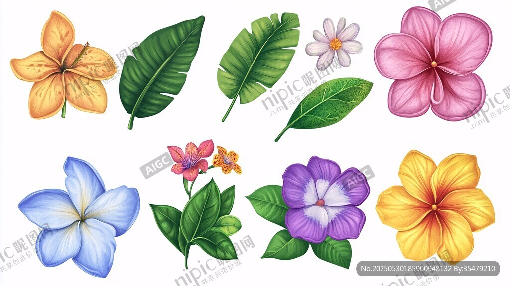 多彩花卉与绿叶插画素材