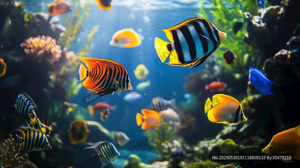 海底斑斓鱼群畅游景象