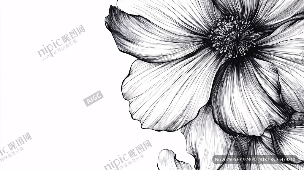 黑白花卉线条插画