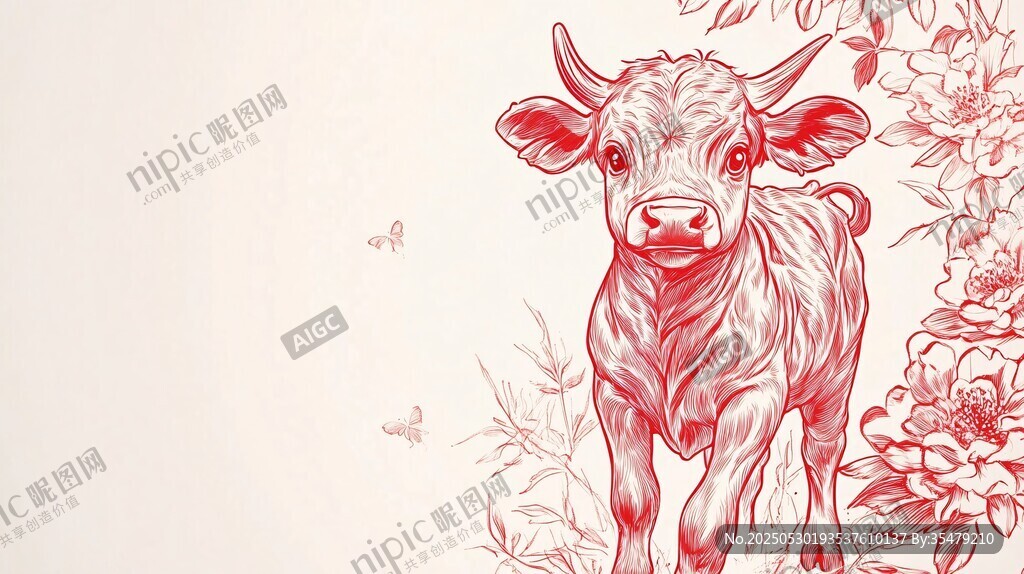 红线条小牛与花卉插画