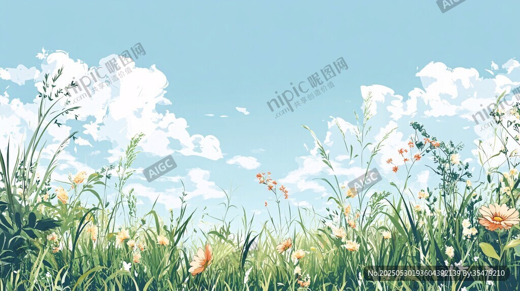 春日草地蓝天花卉美景