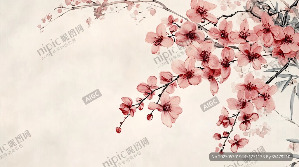 水墨风绽放的娇艳桃花
