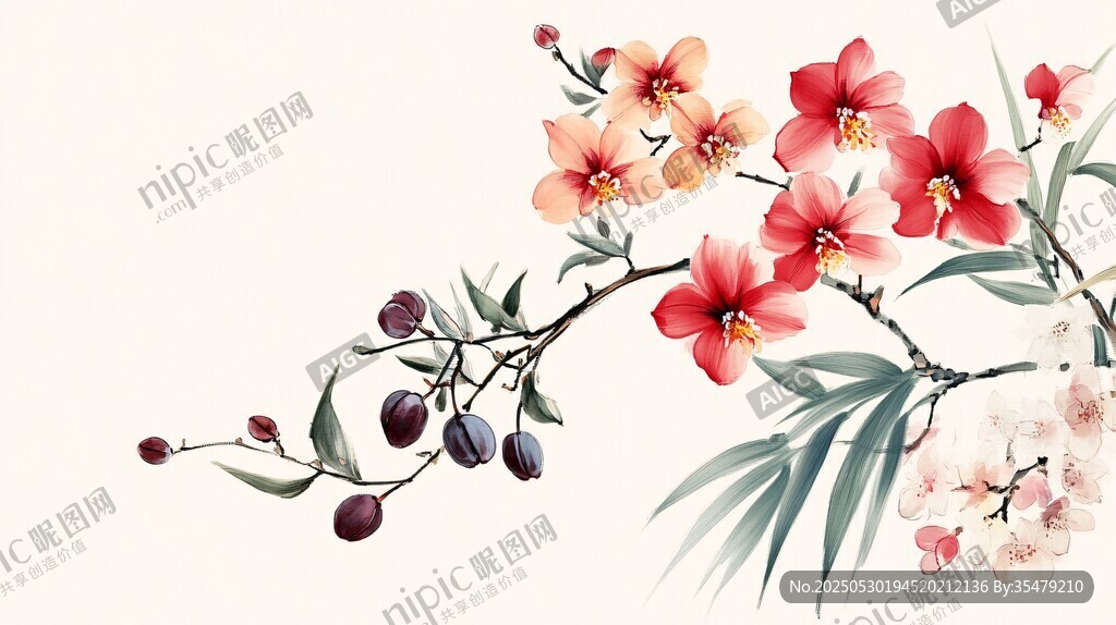中式手绘花卉枝头美景