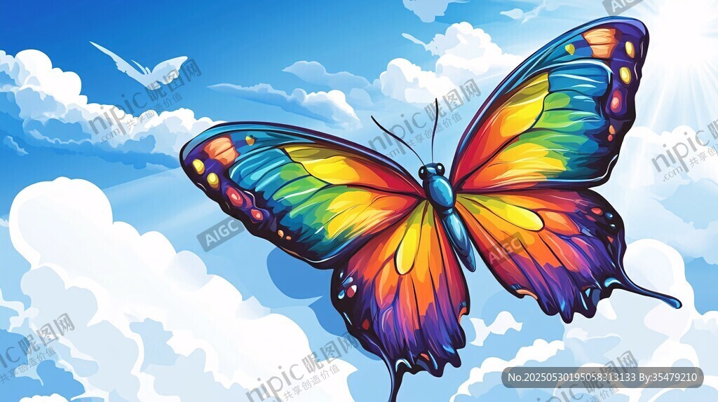 梦幻彩蝶翱翔蔚蓝天空