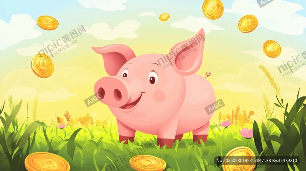 小猪站在金币纷飞的草地上