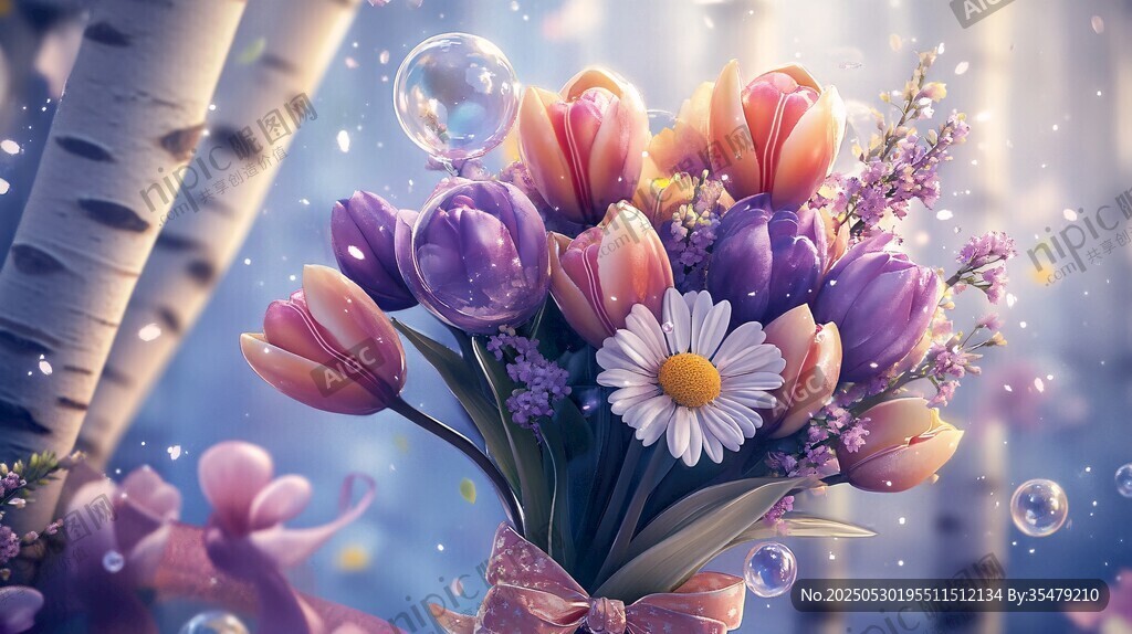 梦幻郁金香花束与泡泡美景